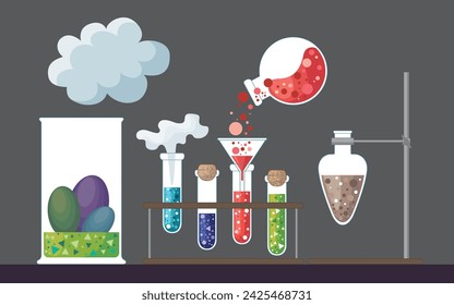 Flat vector illustration design. School chemistry laboratory, illustration of the teaching concept. The workplace of the chemist's laboratory. Investigation of chemical reactions