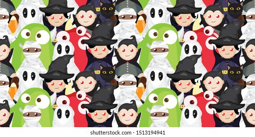 flat vector illustration design of seamless halloween ghost and monster pattern. Can be used for background, print media or wallpaper content