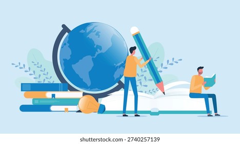 flat vector illustration design style online education and global learning studying research concept. a man holding an oversized pencil and writing in a notebook.

