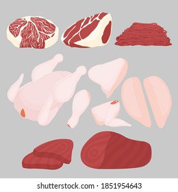 flat vector illustration design of various kinds of meat