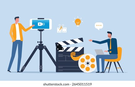 flat vector illustration design video maker team meeting for planning and working. video production process concept.