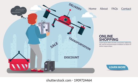 flat vector illustration for design design, web page and mobile applications, banner, A guy carries a purchase to a flying drone to send the goods to the buyer