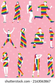 Flat vector illustration design.People in different poses on rainbow color,Happy people in yourself.Happy LGBTQ character.