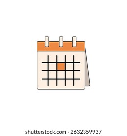 Uma ilustração vetorial plana de um ícone de calendário de mesa com linhas de grade negras em negrito e um realce de data laranja. Criado em um estilo de desenho animado limpo e minimalista, perfeito para uso em aplicativos de planejamento.