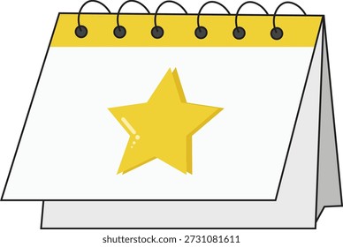 Flache Vektorgrafik eines Tischkalenders mit einem gelben Sternsymbol auf der Seite. Dieses Design symbolisiert wichtige Termine, besondere Ereignisse, Highlights, Erinnerungen, Erfolge und Lieblingstage.