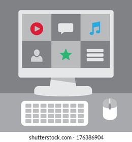 Flat vector illustration of the desk with computer