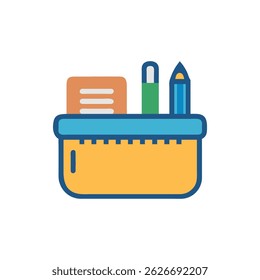 Ilustración vectorial plana de un organizador de escritorio con papelería. Con líneas limpias y colores brillantes, aislados en blanco.