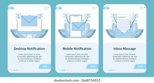 Ilustración vectorial plana de la notificación de escritorio y móvil con el mensaje de la bandeja de entrada en la pantalla de incorporación. Concepto de alerta del App, recordatorio por correo electrónico, interfaz de usuario, comunicación y sistema de mensajes digitales.