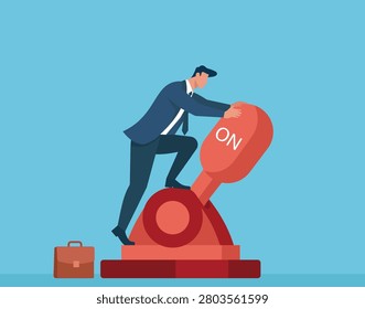 Flat vector illustration of a determined professional powering up business operations, starting a new project, or triggering success