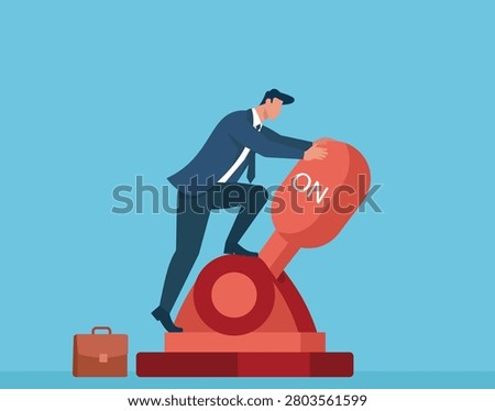 Flat vector illustration of a determined professional powering up business operations, starting a new project, or triggering success