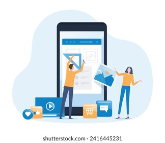 flat vector illustration developer and designer team create online shop mobile application concept