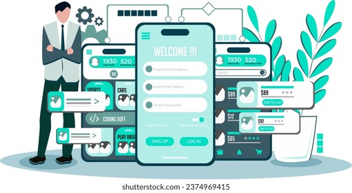 flat vector illustration of the development process for mobile applications. Prototyping and testing experience with software APIs. creating a mobile app, creating a smartphone UI