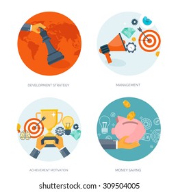 Flat vector illustration. Development strategy, marketing. Achievement motivation. Money saving.