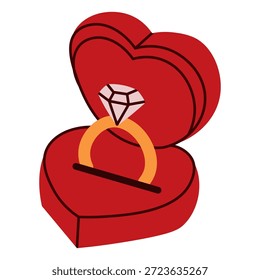 Ilustración vectorial plana de un anillo de compromiso de diamantes en una caja en forma de corazón rojo, ideal para Diseños gráficos de boda, invitaciones de boda y románticos de celebración de San Valentín.
