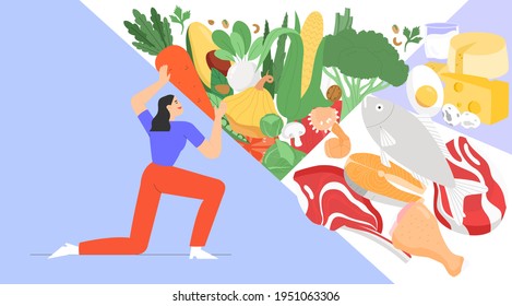 Flat vector illustration with dietetic products or organic natural products or balanced nutrition.