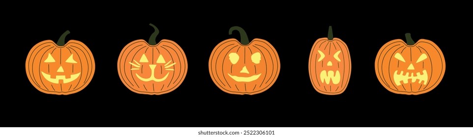 Ilustración vectorial plana de cinco linternas jack-o'-lanterns únicas con varias expresiones talladas, colocadas sobre un fondo negro sólido. Ideal para diseños y decoraciones de Halloween. Aislado.