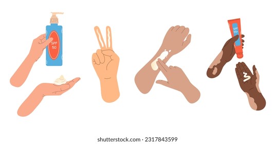 Flat vector illustration with different hands applying SPF cream and tubes on white background. Two finger guideline for sunscreen. Summer skincare and protection concept.