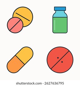 Flat vector illustration of different medicine types including colorful tablets, capsules, red scored pill, and green vial