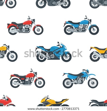 Flat vector illustration of different motorcycles including sport bikes cruisers and dirt bikes in a repeating pattern design