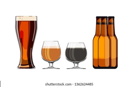 Flat vector illustration of different type of beers. Beer glass, bottle set icons for creating your infographics, sticker, patch, label, badge. Craft brewing. All elements are separated on white.