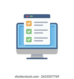 Flat vector illustration of a digital checklist on a computer monitor. The style is simple, clean, and modern.