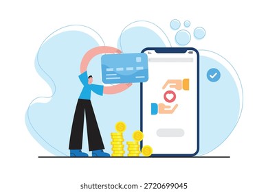 Flat vector illustration of digital donation made through mobile payment application representing online charity, fintech support and cashless giving.