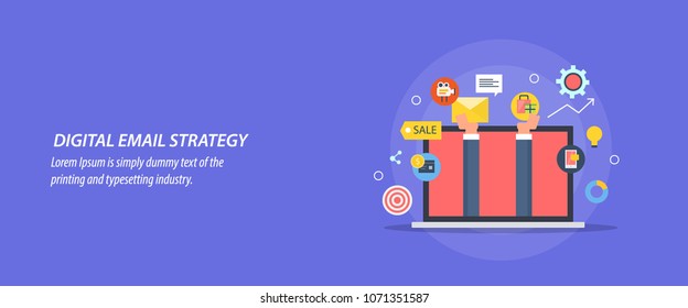 Flat vector illustration of Digital email strategy, email marketing, Newsletter, and Social media with icons on blue background