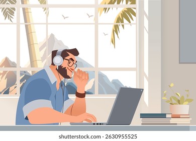 Flat vector illustration of digital nomads collaborating in a remote coworking space surrounded by mountains and nature