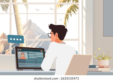 Flat vector illustration of digital nomads working in a cozy coworking space surrounded by nature, with stunning mountains in the background.