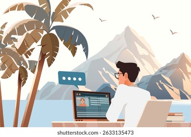 Flat vector illustration of digital nomads working in a cozy coworking space surrounded by nature, with stunning mountains in the background.