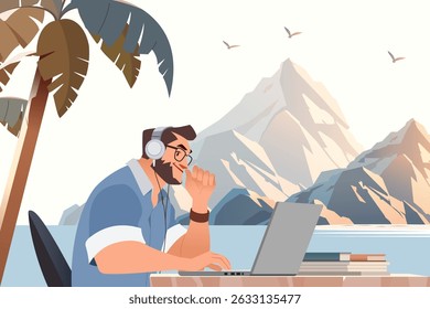 Flat vector illustration of digital nomads working in a cozy coworking space surrounded by nature, with stunning mountains in the background.