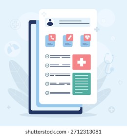 Flat vector illustration of a digital patient medical record interface on a tablet. Concept of telemedicine, electronic health records, online healthcare services, and medical data management.