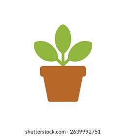 Flat vector illustration displaying a potted plant. It features three green leaves emerging from a brown rectangular pot, all against a clean white backdrop.