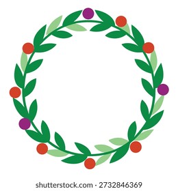 Flat vector illustration displaying a wreath comprised of green leaves and berries in red and purple, arranged in a simple circular frame with a modern aesthetic.