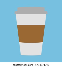 Flaches Vektorillustration-Illustration Einwegkaffeemasse auf blauem Hintergrund. Kaffeetassen-Logo
