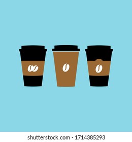 Ilustración plana vectorial taza de café desechable sobre fondo azul. Logo del café