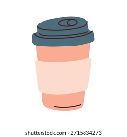 Ilustración vectorial plana de taza de café desechable con tapa, estilo doodle, concepto de maqueta, escena de bebida acogedora, ilustración de dibujos animados para cafetería, comida para llevar, cafetería, ambiente divertido y casual