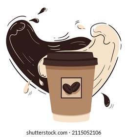 Flat vector illustration of a disposable cup of coffee with abstract hand drawn coffee and cream splashes background. Simple design in cream, beige and brown colors.