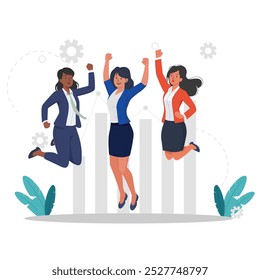 Flat Vector Illustration of a Diverse Business Team Celebrating Success by Jumping for Joy, Symbolizing Teamwork, Achievement, and Positive Energy