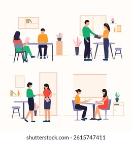 Flat vector illustration of diverse business people collaborating, meeting, and working together in various office settings. Ideal for presentations or business contexts.