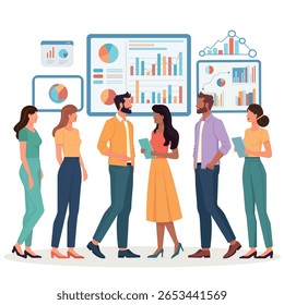 Ilustração vetorial plana de uma equipe de negócios diversificada analisando dados na frente de painéis com gráficos e gráficos. Conceito de trabalho em equipe, estatísticas, análise de dados e estratégia corporativa