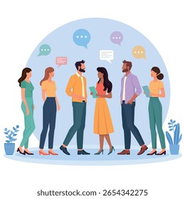 Flat vector illustration of a diverse business team having a discussion around a round table. People sharing ideas, working with documents and coffee. Modern teamwork, communication, collaboration.