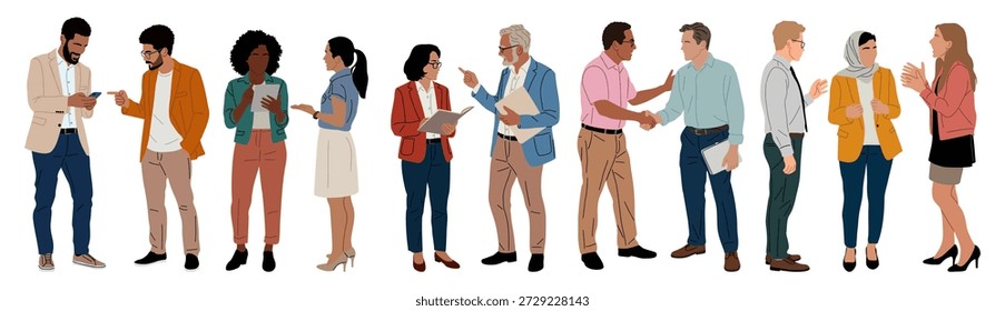 Flat vector illustration of diverse business professionals talking, shaking hands, using phones and tablets, teamwork and workplace communication concepts.