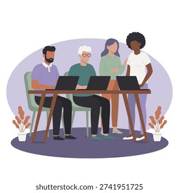 Flat vector illustration of a diverse business team working together at a desk using laptops. Multiracial professionals collaborating in a modern office environment. Concept of teamwork, project discussion, startup culture, digital workspace and workplace diversity.