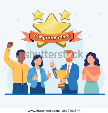 Flat vector illustration of diverse business team celebrating achievement with trophy, golden stars, and congratulations banner. Success and teamwork concept in modern style.
