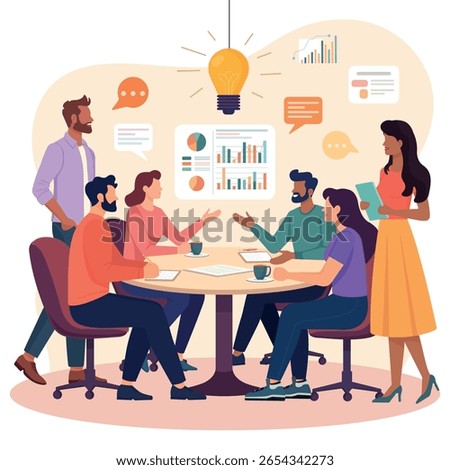 Flat vector illustration of a diverse business team having a discussion around a round table. People sharing ideas, working with documents and coffee. Modern teamwork, communication, collaboration.