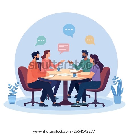Flat vector illustration of a diverse business team having a discussion around a round table. People sharing ideas, working with documents and coffee. Modern teamwork, communication, collaboration.