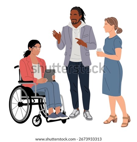Flat vector illustration of diverse business people in smart casual clothes, including African American man and young woman in wheelchair, communicating in an inclusive workplace, isolated