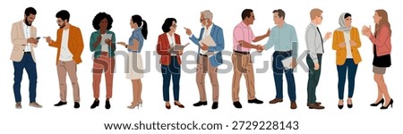 Flat vector illustration of diverse business professionals talking, shaking hands, using phones and tablets, teamwork and workplace communication concepts.