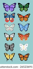 Flat vector illustration of a diverse butterfly collection featuring vibrant colors and patterns, inspired by species like the Paradise Birdwing. Ideal for nature, decor, and educational designs.